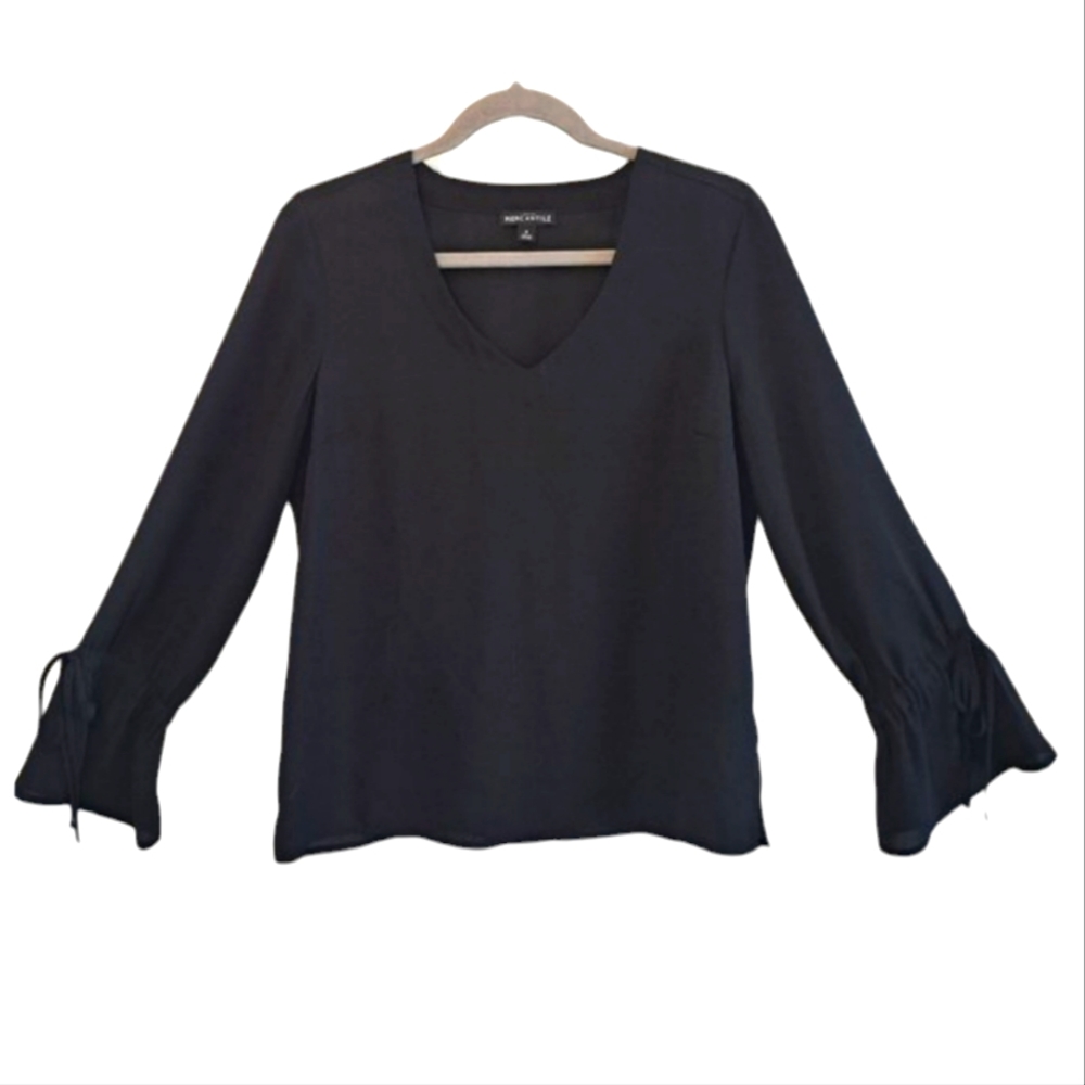 J. Crew Mercantile Sheer Black Tie Bell Sleeved Blouse V Neck Size 6